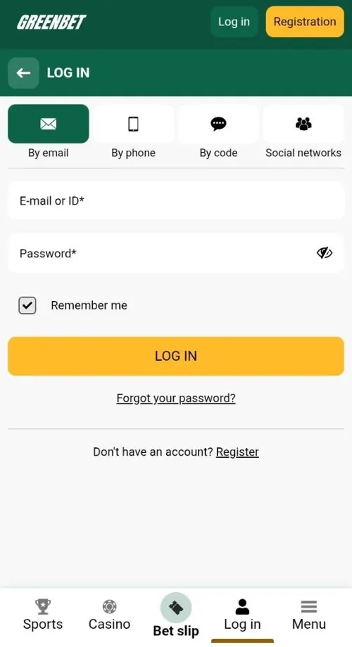 Greenbet By email login form with E-mail or ID and password fields