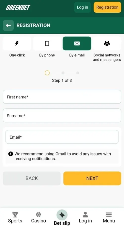 Greenbet email registration step 1 of 3