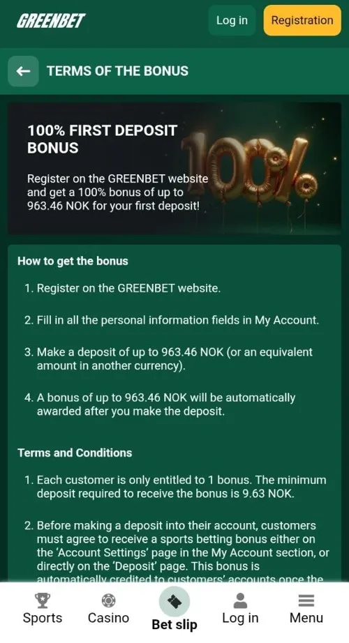 Greenbet 100% first deposit bonus page on a phone