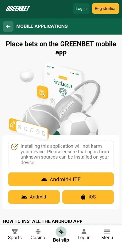 Greenbet mobile applications page with Android-LITE, Android and iOS buttons