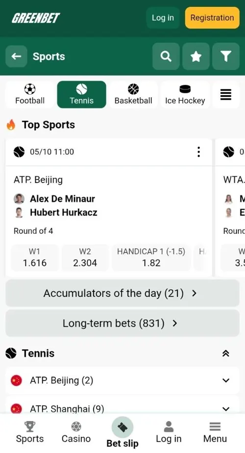 Greenbet live betting list with football and tennis events