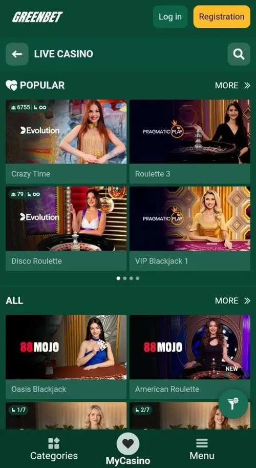 Greenbet live casino tables from Evolution on a phone