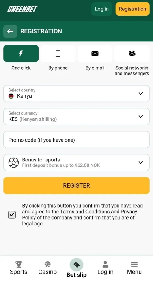 Greenbet one-click registration form with Kenya and KES selected