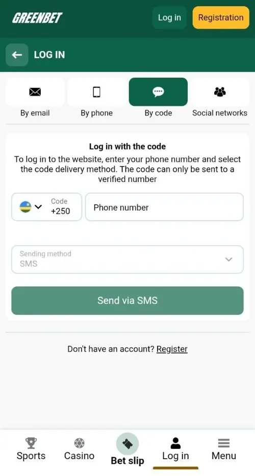 Greenbet By code login tab with the Send via SMS button