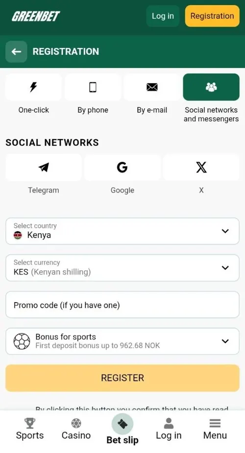 Greenbet social networks and messengers registration tab